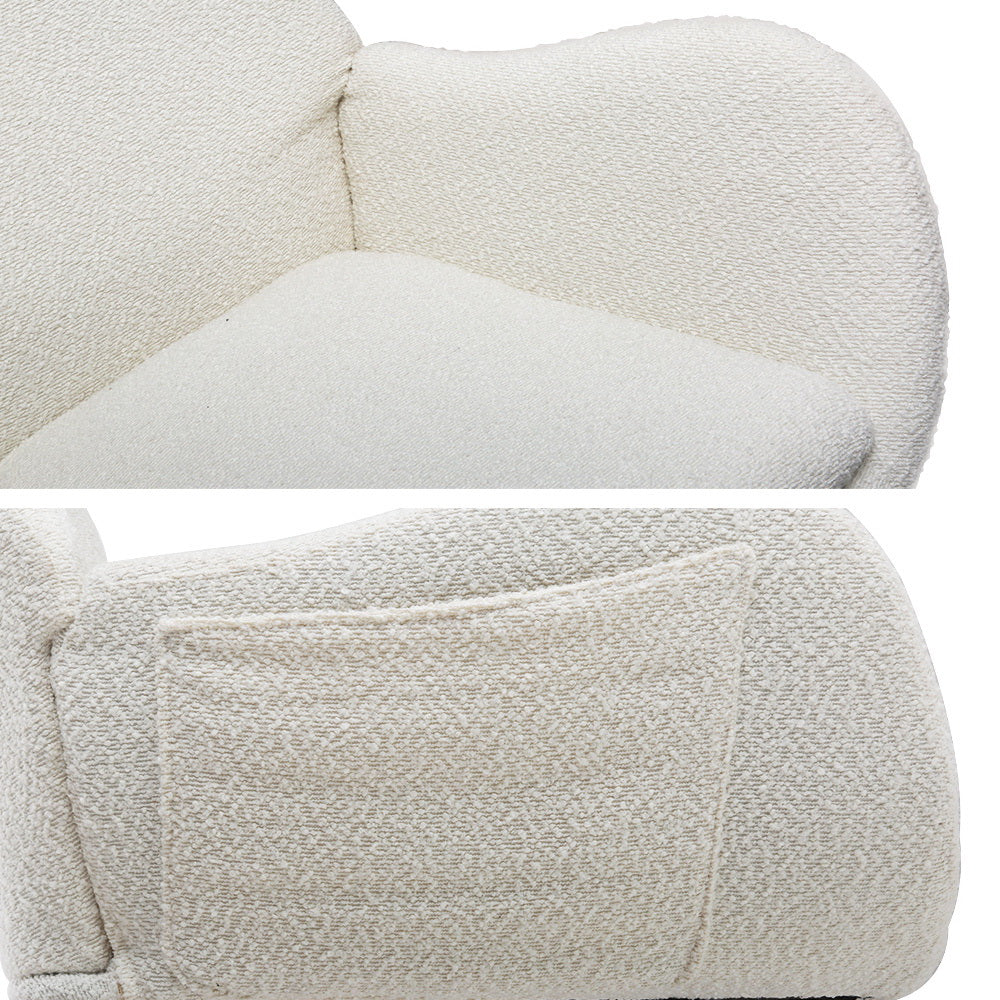 Close-up detail panels of white teddy rocking chair showing boucle fabric texture at headrest and armrest