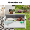 White timber bench open: indoor with pillows indoors, outdoor with garden pots; text: all-weather use, coated oxford fabric