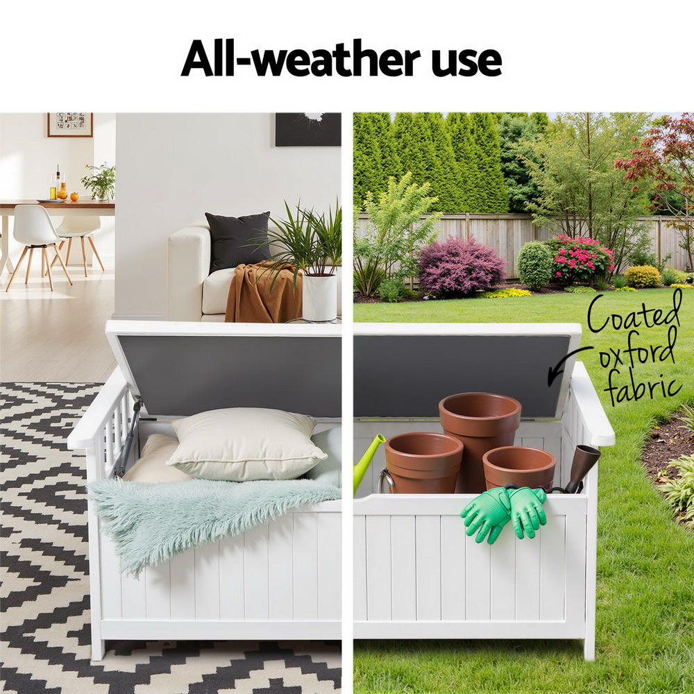 White timber bench open: indoor with pillows indoors, outdoor with garden pots; text: all-weather use, coated oxford fabric
