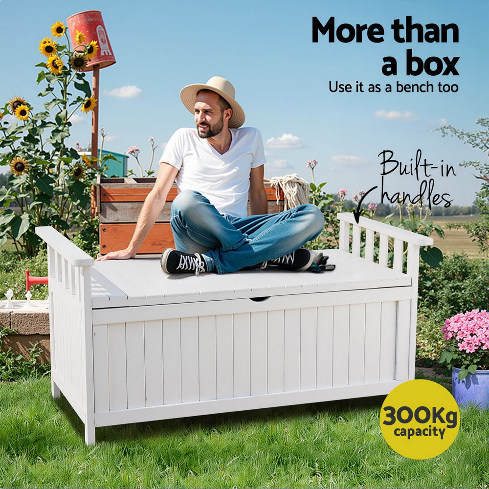 Man in straw hat seated on white timber storage bench in garden; text: more than a box, built-in handles, 300kg capacity