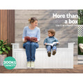 Woman and child seated on white timber storage bench reading outdoors; text: more than a box, 300kg capacity
