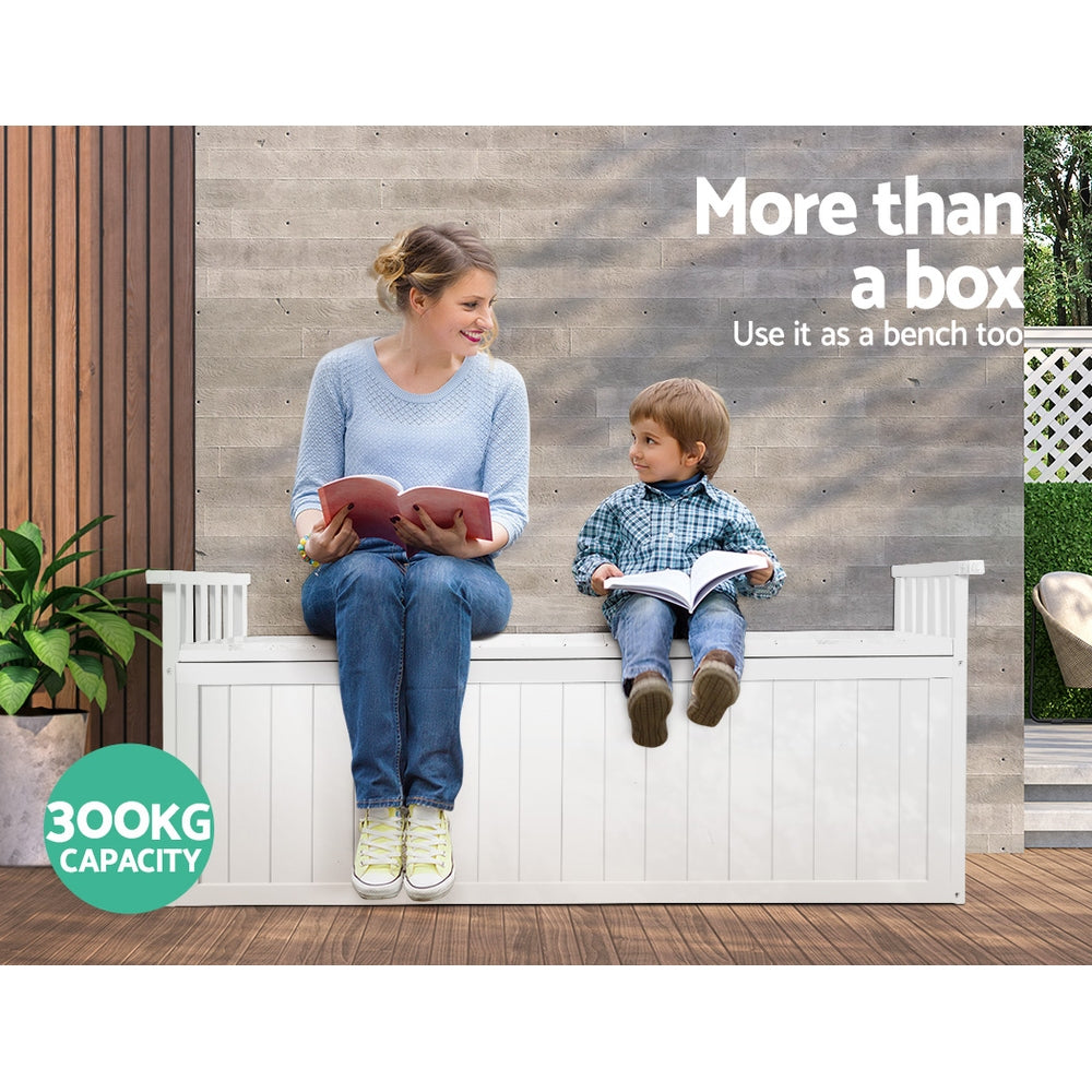 Woman and child seated on white timber storage bench reading outdoors; text: more than a box, 300kg capacity