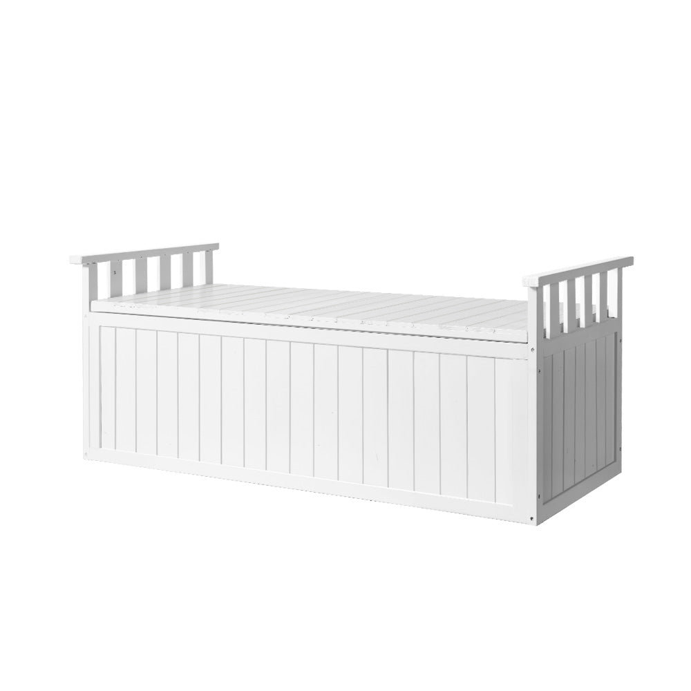 White timber outdoor storage bench with slatted armrests both sides, three-quarter angle on white background
