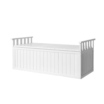 White timber outdoor storage bench with slatted armrests both sides, three-quarter angle on white background
