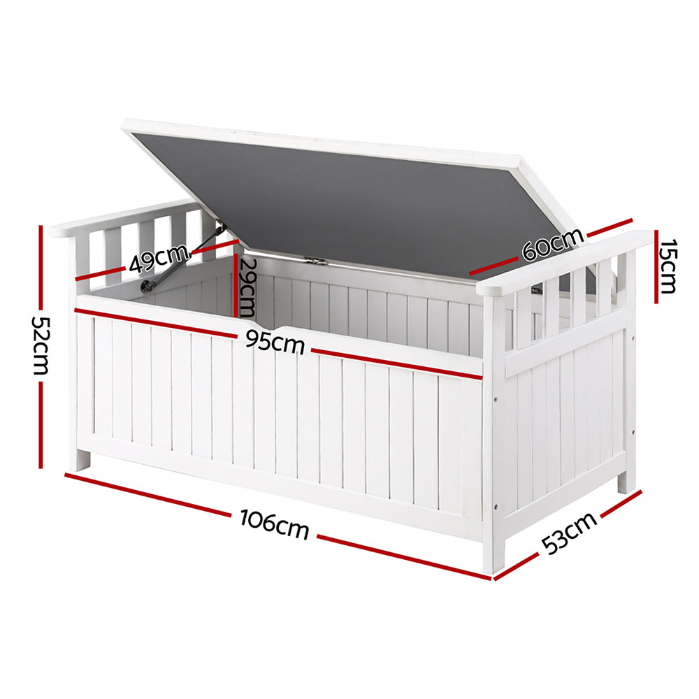 White timber storage bench open lid dimensions: 106cm length, 53cm depth, 52cm height, 95cm interior