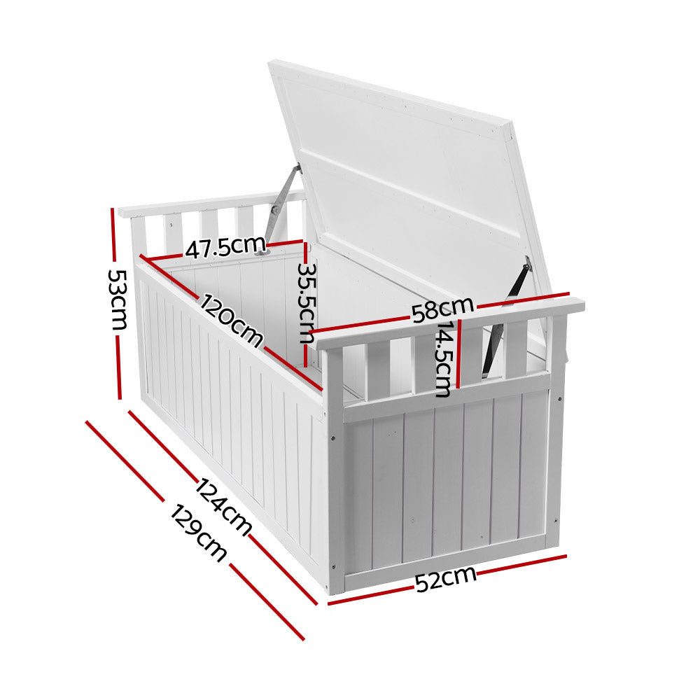 White timber outdoor storage bench with slatted armrests both sides, three-quarter angle on white background