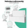 White timber storage bench open, callouts: 304 SS hinges, sturdy handles, stainless steel fixings, smooth surface