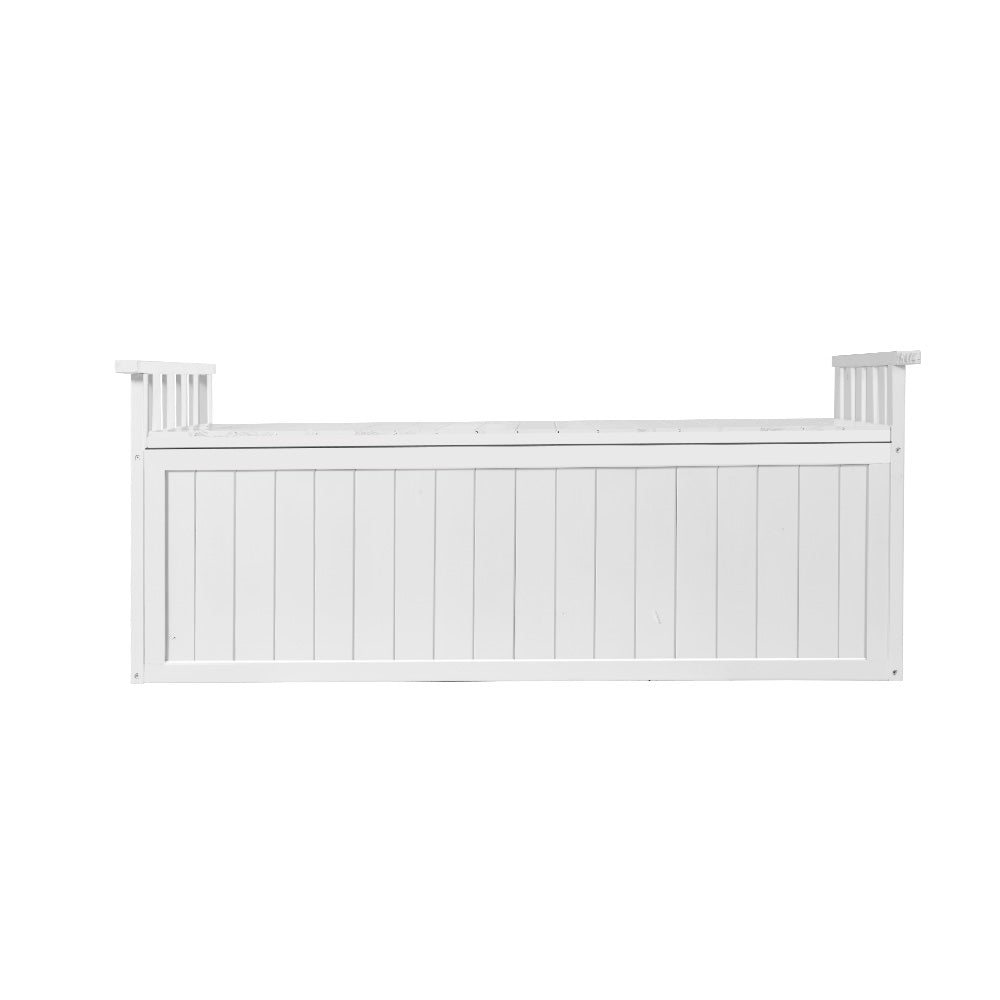White timber outdoor storage bench viewed from front showing vertical plank body, armrest tops visible, white background