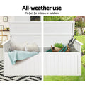 White timber bench open: indoor use with pillows and throw on left, outdoor with garden tools on right; text: all-weather use