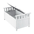 White timber outdoor storage bench with lid open showing empty interior, slatted armrests, three-quarter angle