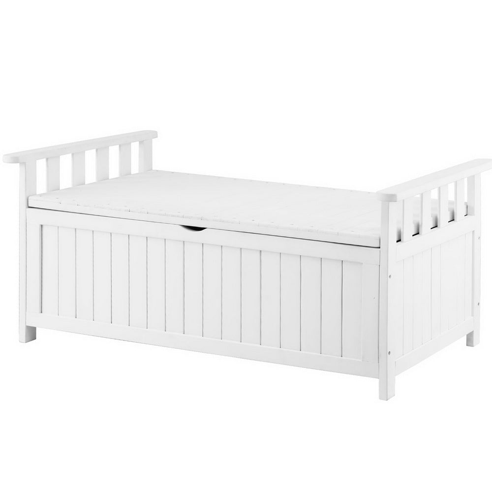 White timber outdoor storage bench with full-height slatted armrests both sides and slatted top, three-quarter view