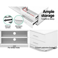 White TV unit 120cm ample storage drawer open 23.5x6.5x29cm anti-rust runners aluminium handles and pre-drilled holes
