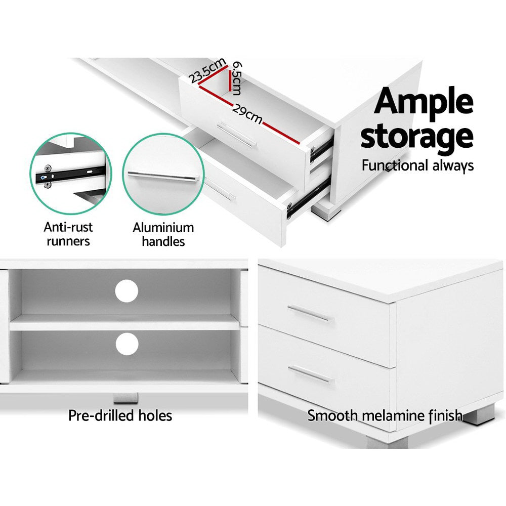 White TV unit 120cm ample storage drawer open 23.5x6.5x29cm anti-rust runners aluminium handles and pre-drilled holes