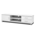 White TV unit 120cm angle view on white background with left door center shelves cable hole and two bar-handle drawers