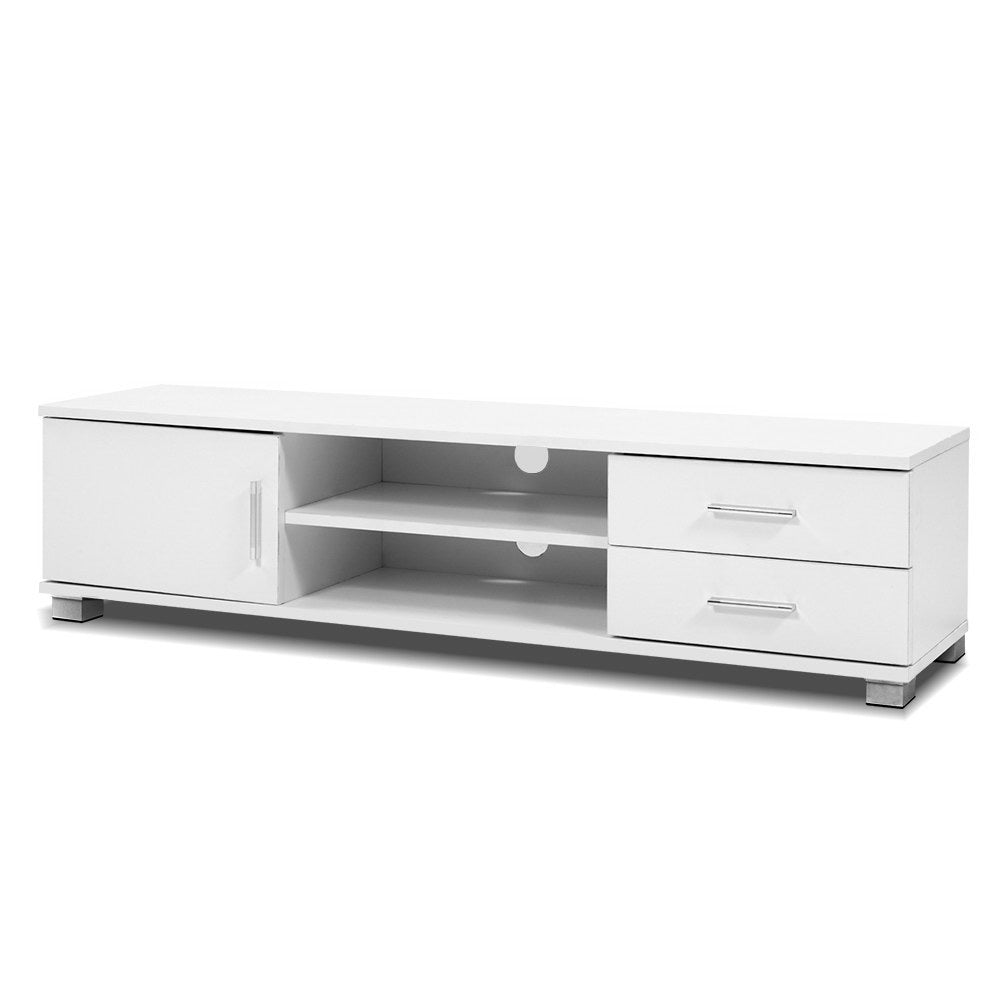 White TV unit 120cm angle view on white background with left door center shelves cable hole and two bar-handle drawers