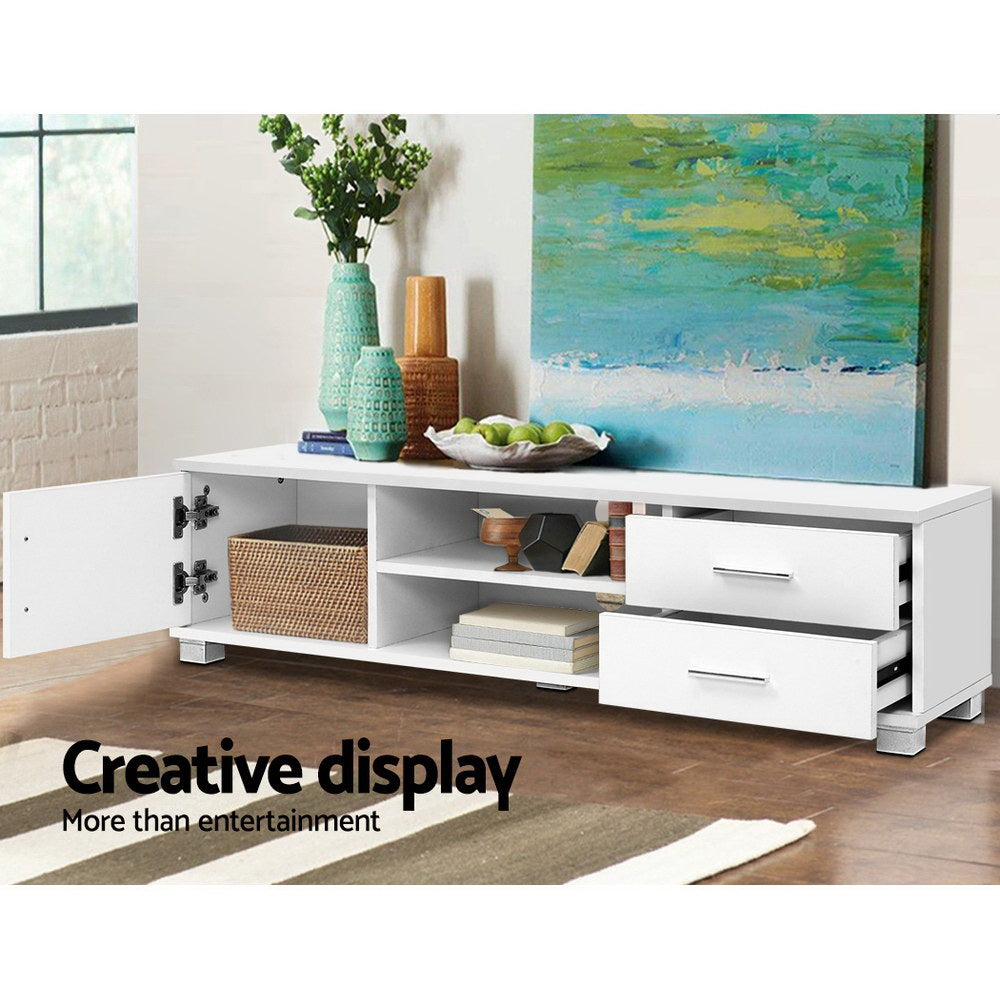 White TV unit 120cm creative display lifestyle with door open wicker basket drawers and colourful items