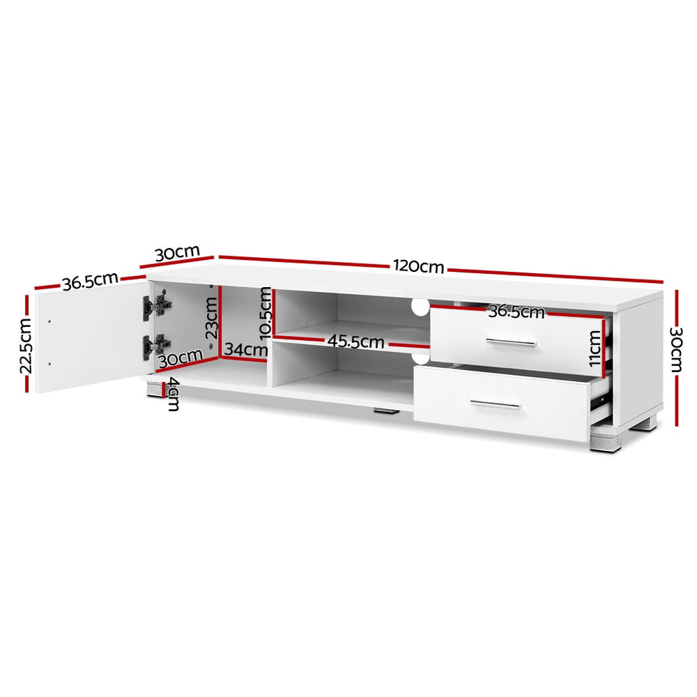 White TV unit 120cm dimension diagram 120x36.5x30cm door open showing internal shelf and drawer measurements