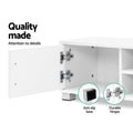 White TV unit 120cm quality made close-up showing anti-slip base durable hinges and door interior