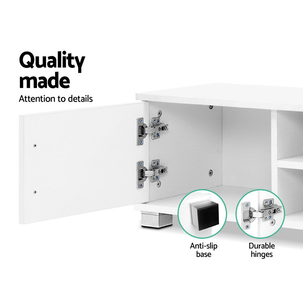 White TV unit 120cm quality made close-up showing anti-slip base durable hinges and door interior