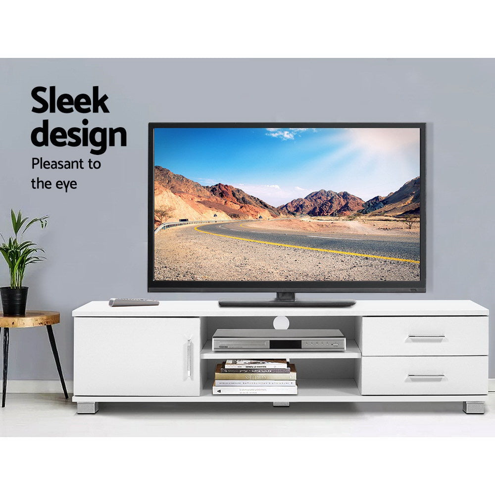 White TV unit 120cm sleek design in grey room with large TV disc player books on open shelves and remote