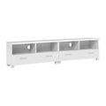 White TV unit 180cm angle view on white background two modules four open bays and two large bottom drawers