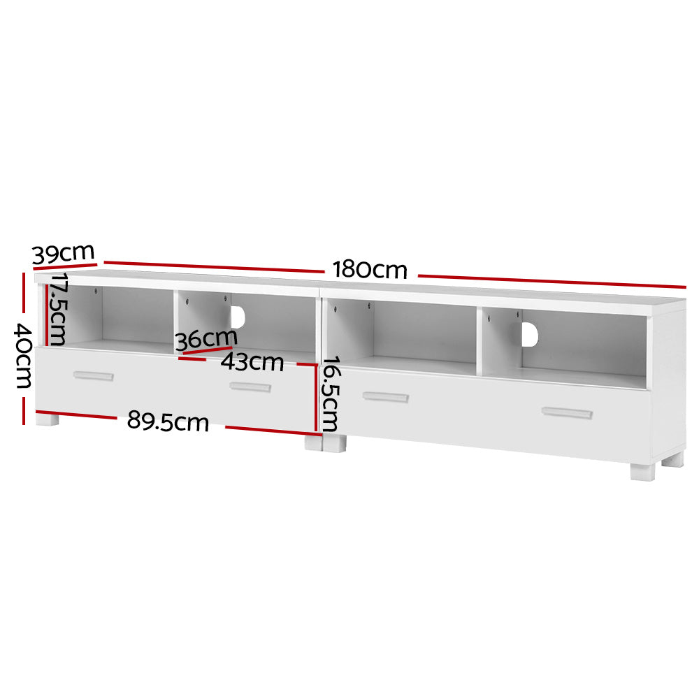 White TV unit 180cm dimension diagram 180x40x39cm with internal shelf drawer and bay measurements