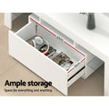 White TV unit 180cm ample storage drawer open 57x15x29cm with headphones inside and anti-rust runners