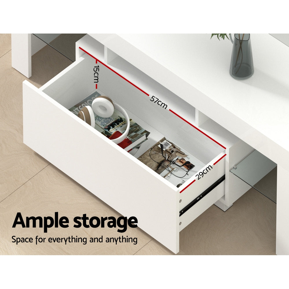 White TV unit 180cm ample storage drawer open 57x15x29cm with headphones inside and anti-rust runners