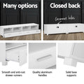 White TV unit 180cm features grommet holes closed back anti-rust runners aluminium handles solid base supports