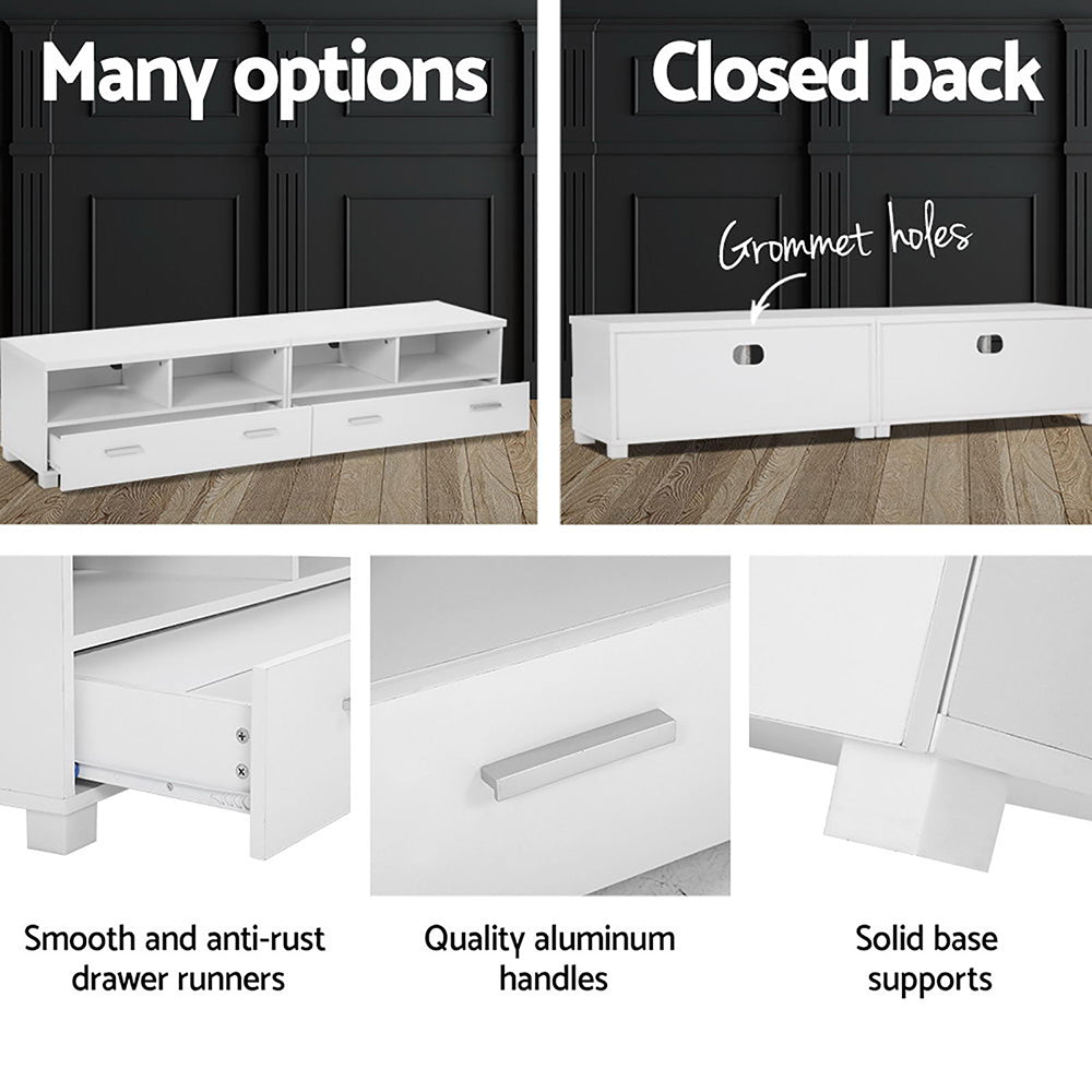 White TV unit 180cm features grommet holes closed back anti-rust runners aluminium handles solid base supports