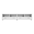 White TV unit 180cm flat front view on white background four open bays and two large bottom drawers