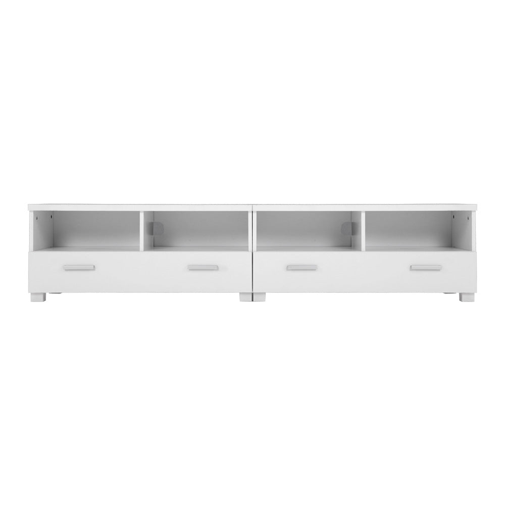 White TV unit 180cm flat front view on white background four open bays and two large bottom drawers