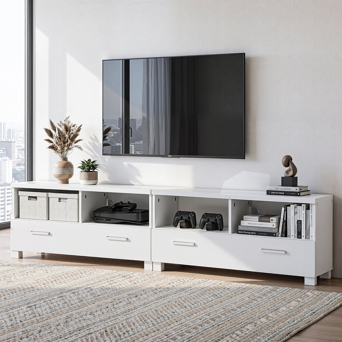 White TV unit 180cm lifestyle in Scandi room with wall-mounted TV PS controller wicker basket and books