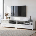 White TV unit 180cm lifestyle in Scandi room with wall-mounted TV PS controller wicker basket and books