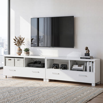White TV unit 180cm lifestyle in Scandi room with wall-mounted TV PS controller wicker basket and books