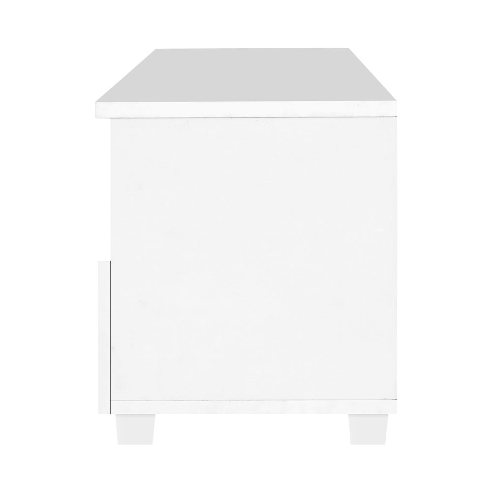 White TV unit 180cm side view on white background showing white side panel and square white feet