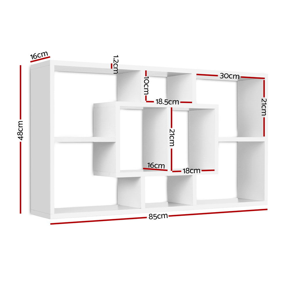 White wall-mounted display shelf dimensions: 85cm wide, 48cm tall, 16cm deep, compartments 18.5-30cm wide
