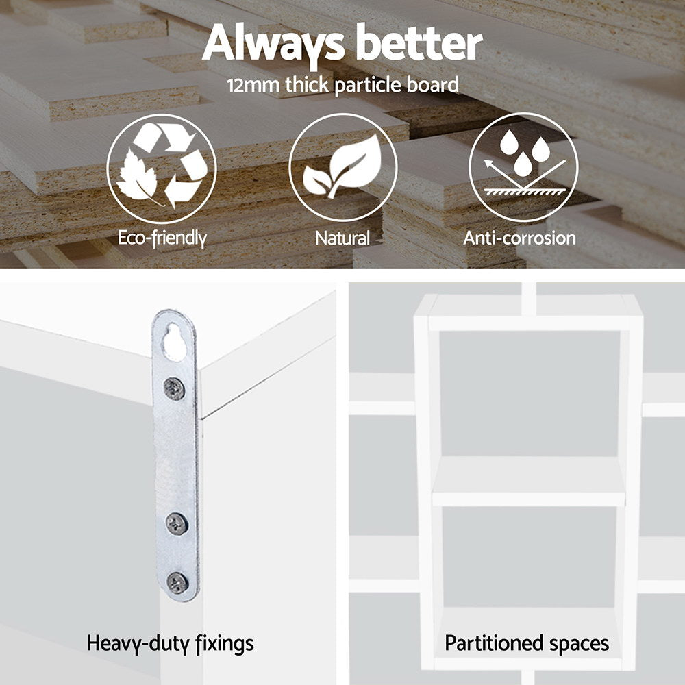 Wall shelf features: 12mm thick particle board, eco-friendly, anti-corrosion, heavy-duty fixings and partitioned spaces