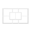White wall-mounted display shelf with staggered compartments, direct front view on white background
