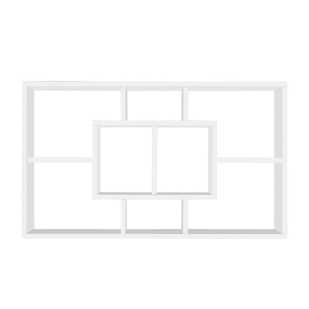 White wall-mounted display shelf with staggered compartments, direct front view on white background