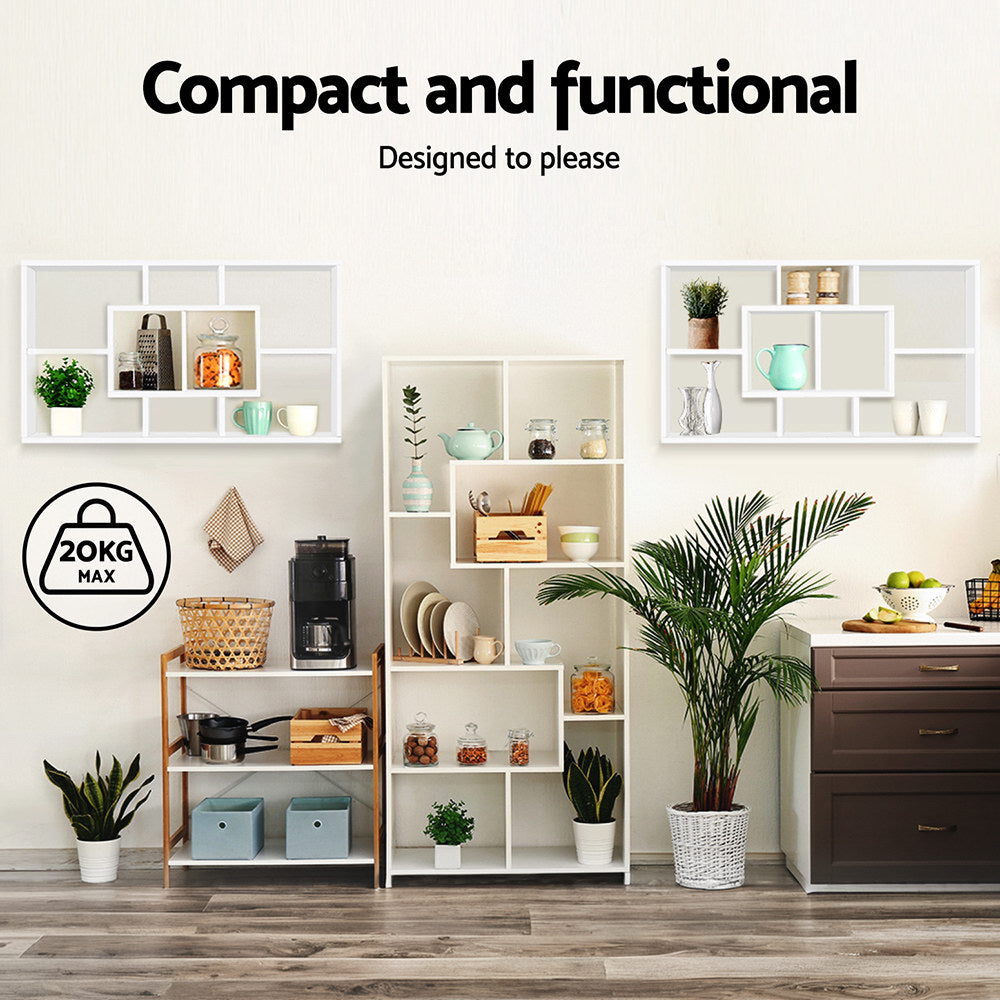 Two white wall display shelves in kitchen lifestyle setting with kitchenware, text Compact and functional, 20kg max capacity