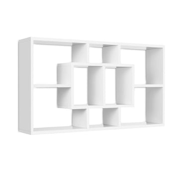 White wall-mounted display shelf with multiple staggered compartments, angle view on white background