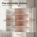 Cabinet interior feature panel, text reads Five adjustable shelves, showing 3.2cm shelf spacing and door racks