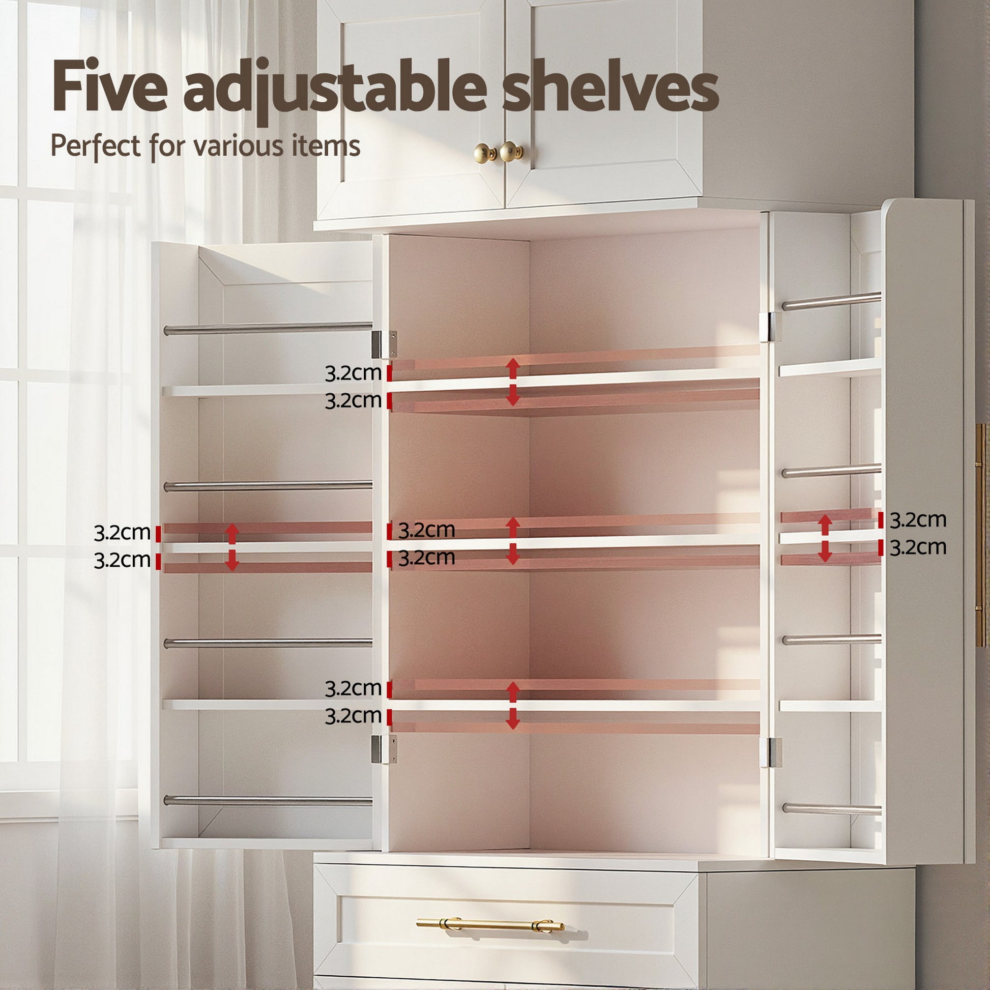 Cabinet interior feature panel, text reads Five adjustable shelves, showing 3.2cm shelf spacing and door racks