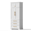 White tall storage cabinet with gold handles, top cupboard, main wardrobe doors and three drawers, angled on white background