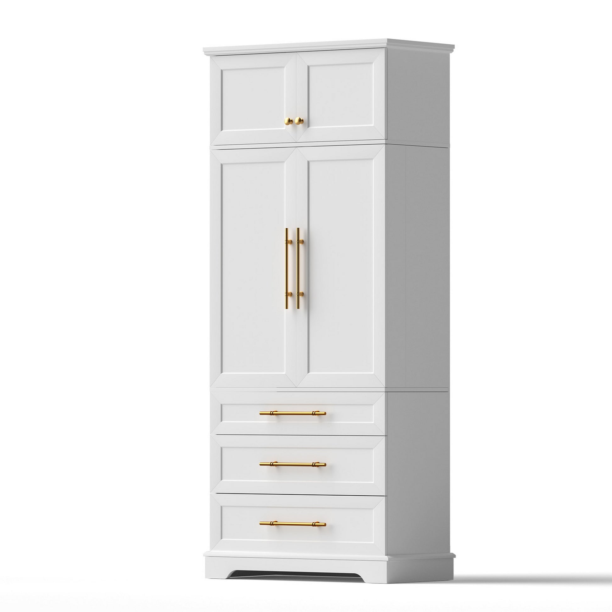White tall storage cabinet with gold handles, top cupboard, main wardrobe doors and three drawers, angled on white background