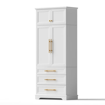 White tall storage cabinet with gold handles, top cupboard, main wardrobe doors and three drawers, angled on white background