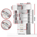Dimension diagram of white tall storage cabinet: 80cm wide, 40cm deep, 200cm tall, with shelf and drawer measurements