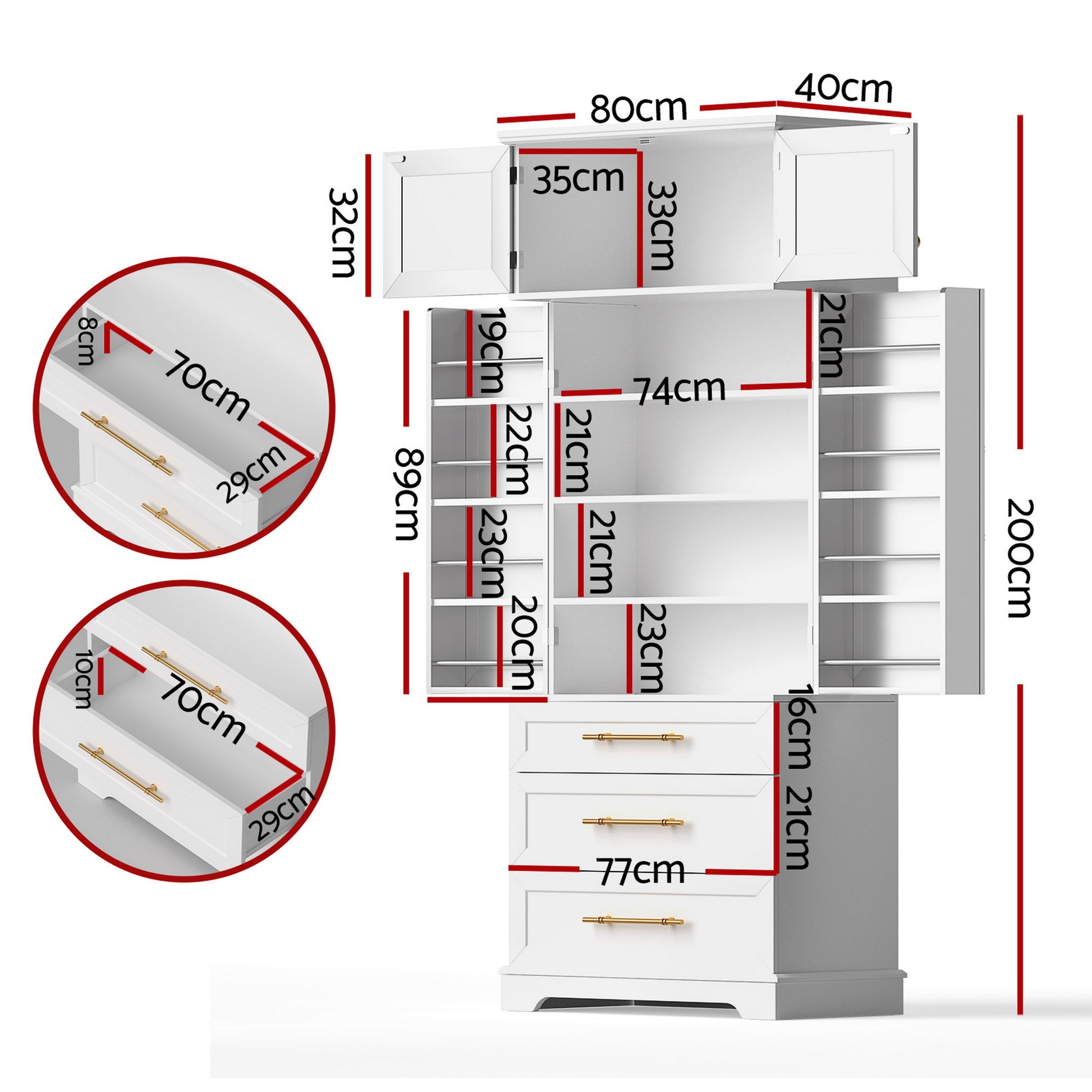 Dimension diagram of white tall storage cabinet: 80cm wide, 40cm deep, 200cm tall, with shelf and drawer measurements
