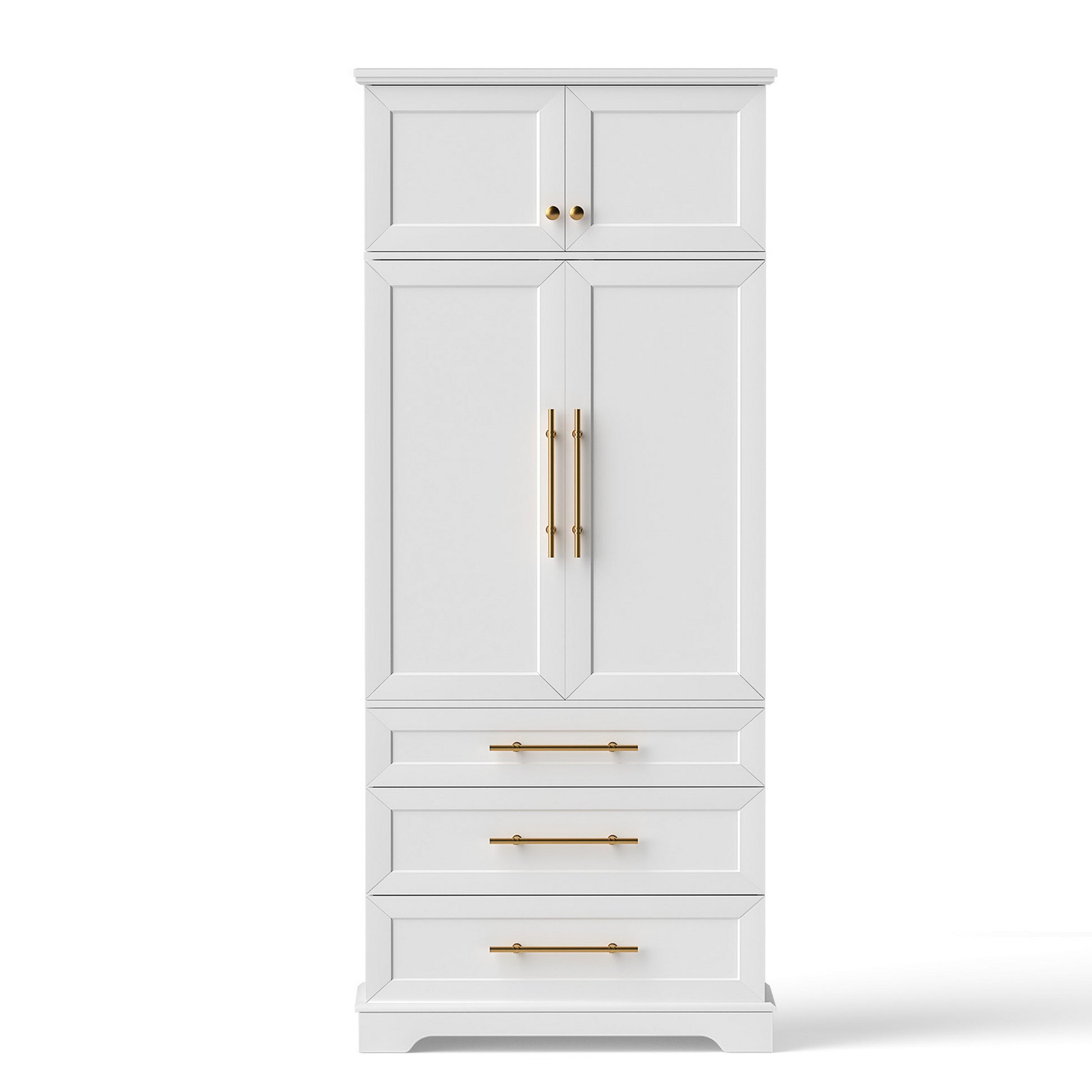 White tall storage cabinet front view, top cupboard with gold knobs, two main doors with gold bar handles and three drawers